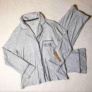 RAE DUNN Dream Collared Button Down Pajamas Set Heather Grey and Black Size Lg